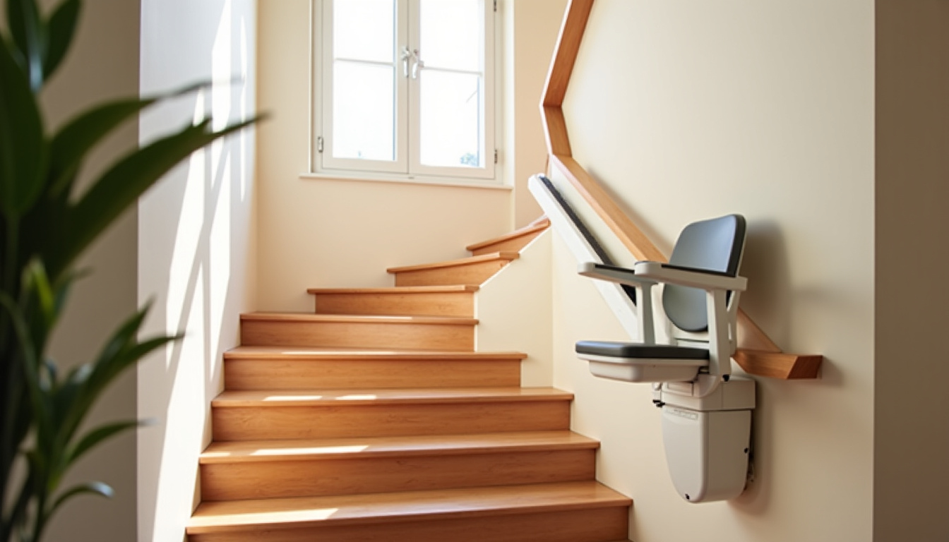 Monte-escalier tournant installé dans une maison de Rouxmesnil-Bouteilles avec escalier à virage et palier intermédiaire