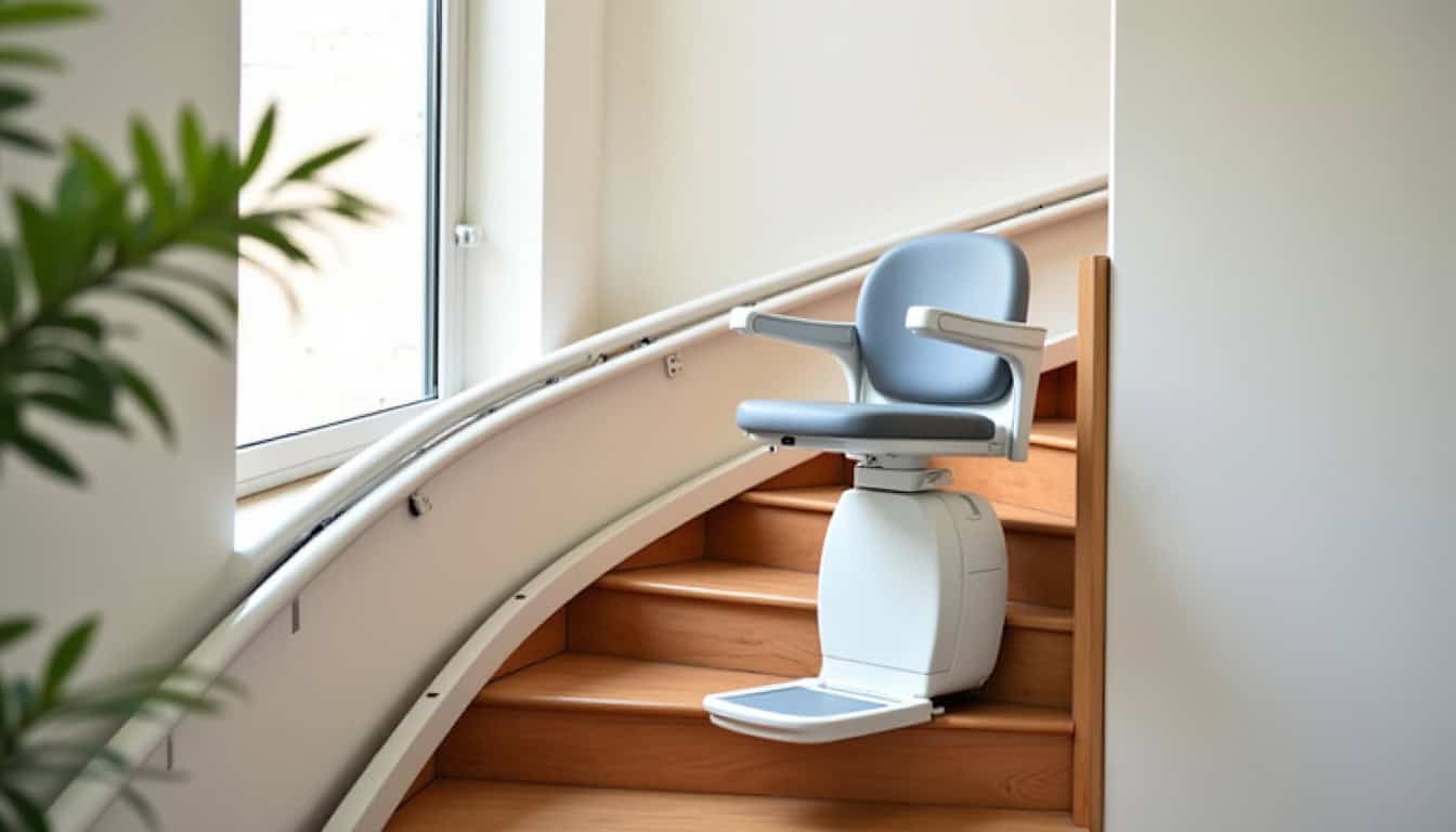 Monte-escalier tournant installé dans une maison de Saint-Cyr-les-Vignes avec courbe adoucie et siège ergonomique