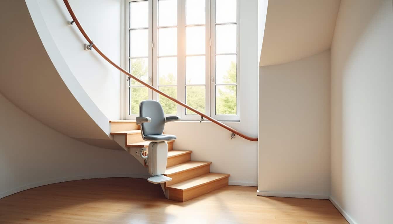Monte-escalier tournant installé dans une maison de Saint-Ségal