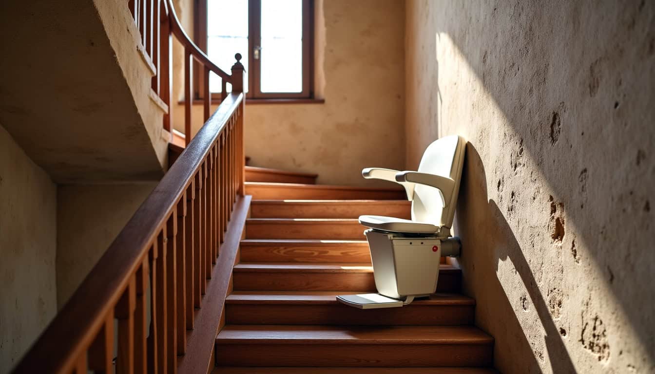 Monte-escalier tournant installé dans une maison traditionnelle à Trédarzec