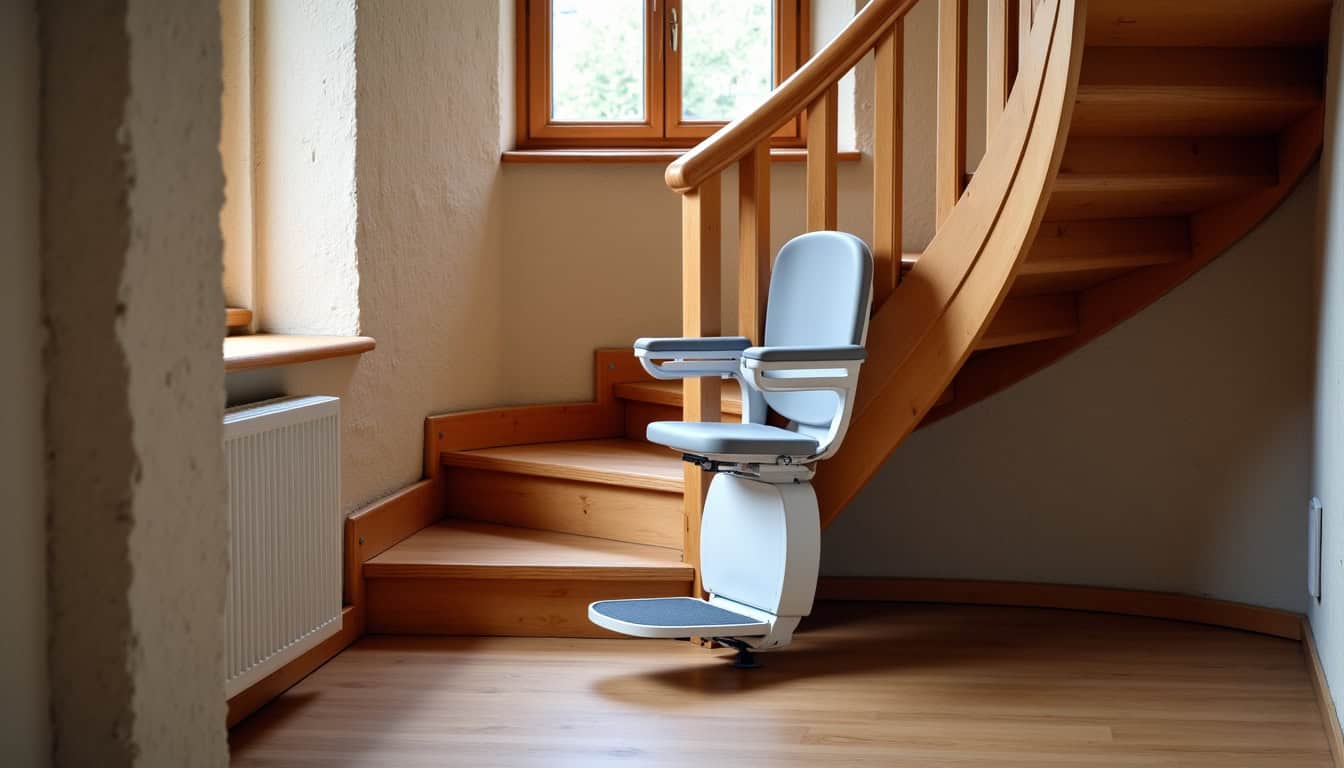 Monte-escalier tournant installé dans une maison traditionnelle de Lézigneux