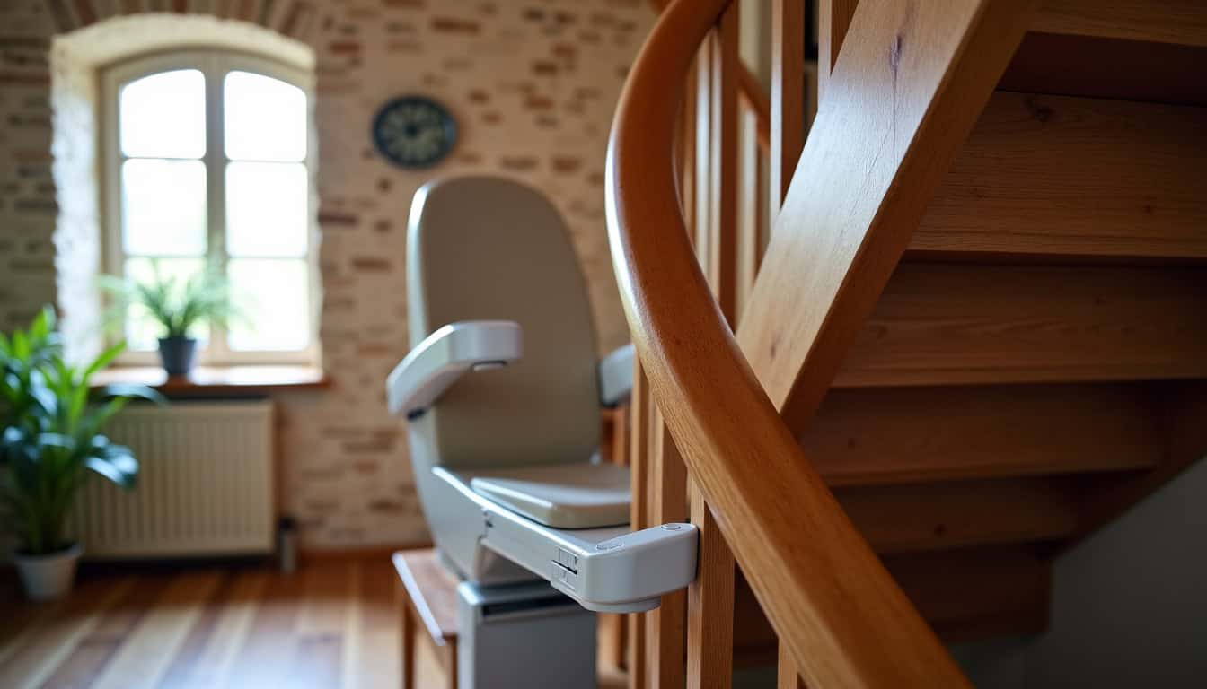 Monte-escalier tournant installé dans une maison traditionnelle de Plouguernével
