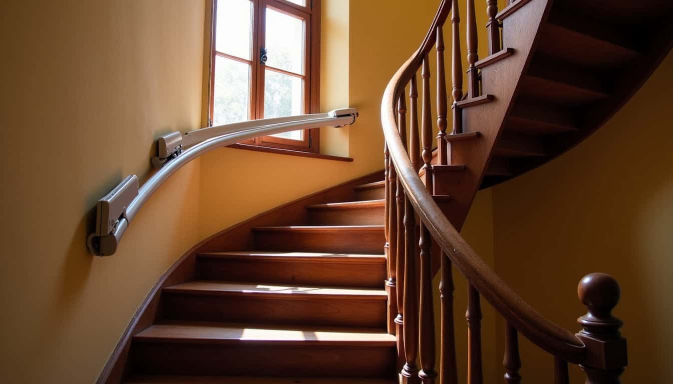Monte-escalier tournant installé sur un escalier ancien à Scherwiller, dans une maison typique du Bas-Rhin