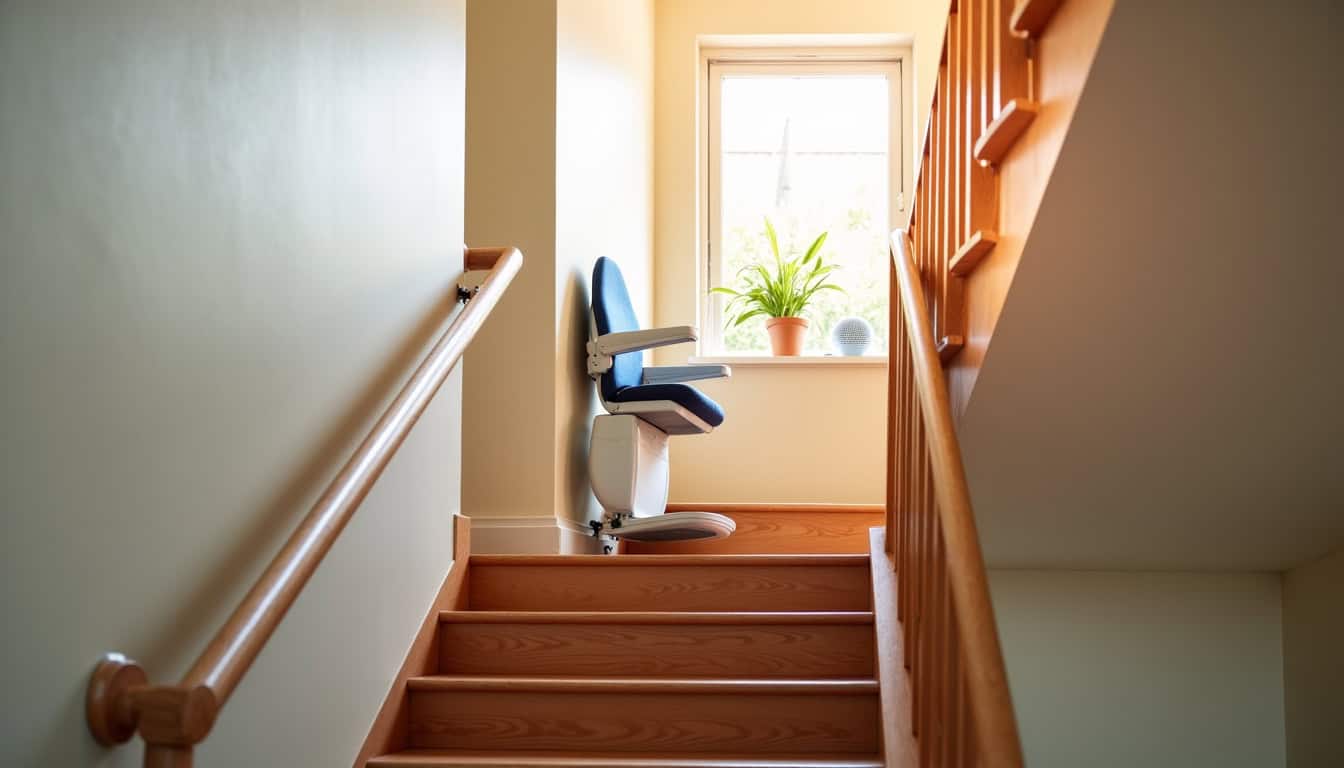 Monte-escalier tournant installé sur un escalier avec palier à Saint-Julien-Molin-Molette