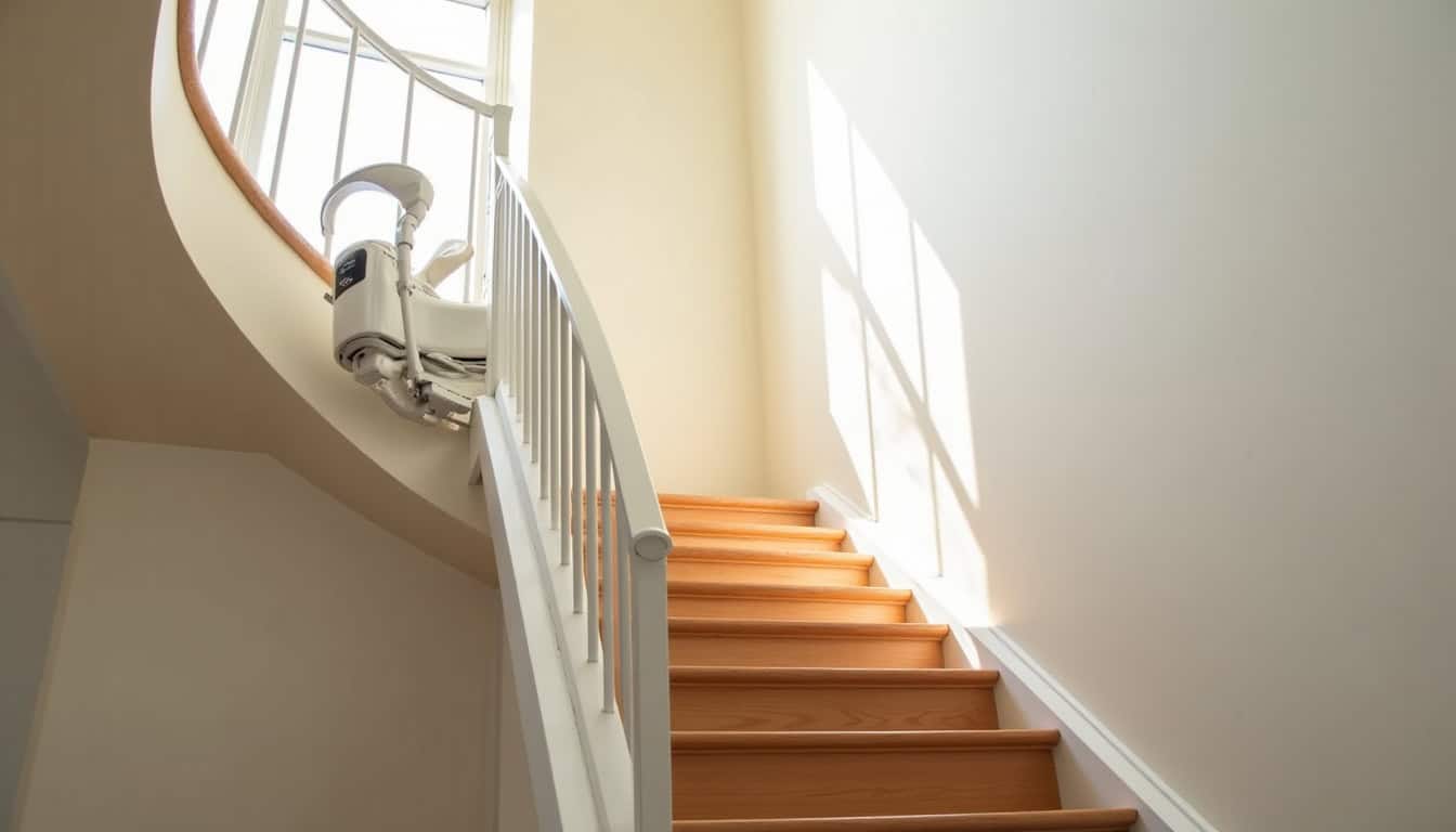 Monte-escalier tournant installé sur un escalier avec virage à Bining