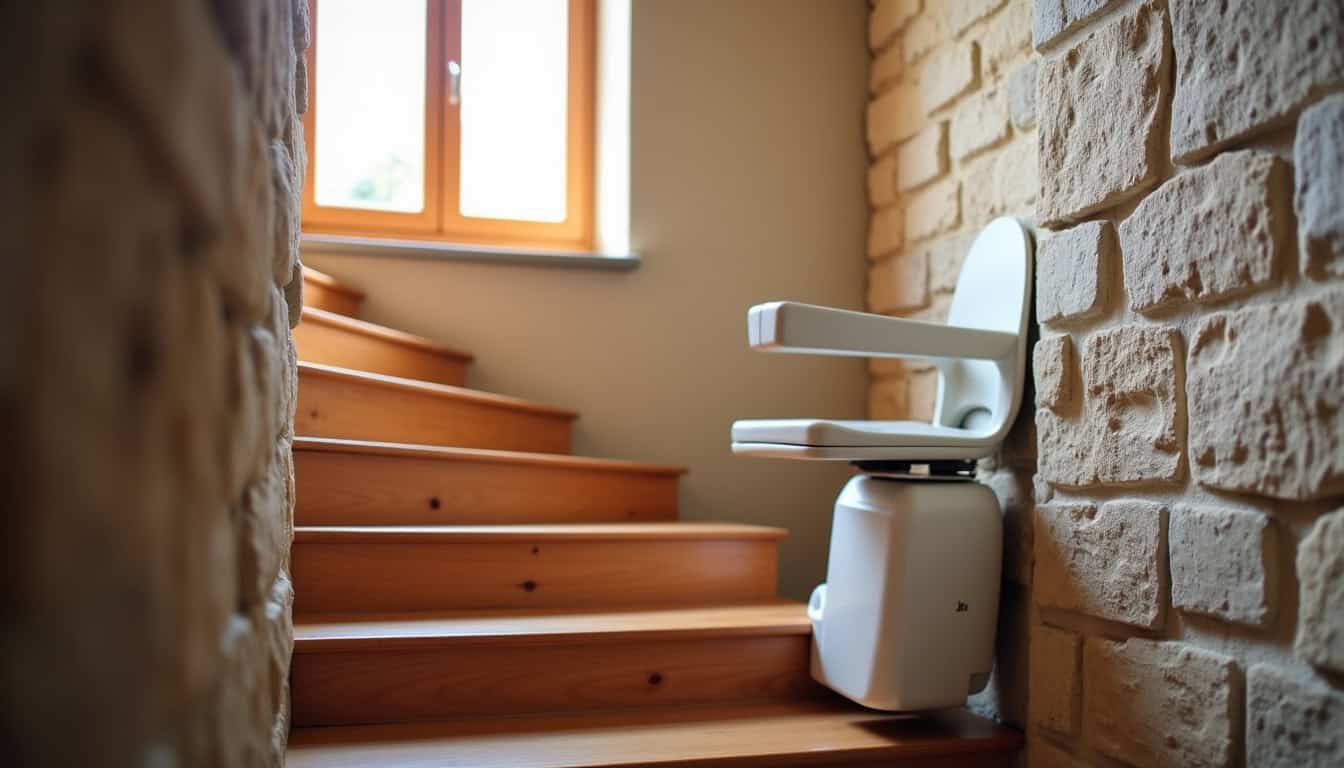 Monte-escalier tournant installé sur un escalier avec virage à Maël-Carhaix