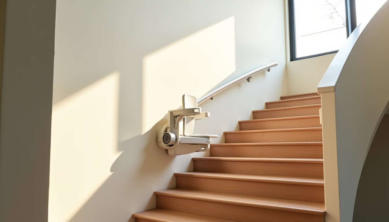 Monte-escalier tournant installé sur un escalier avec virage à Mauvezin