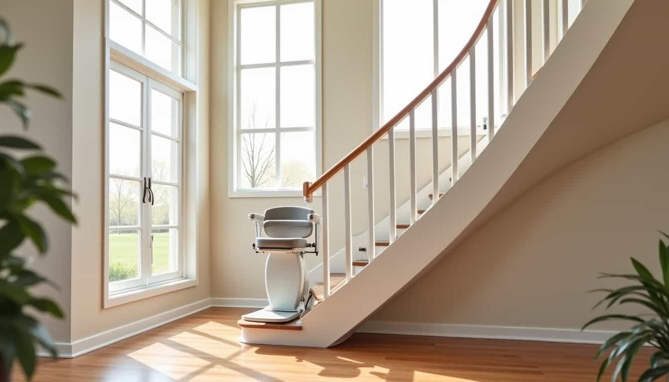 Monte-escalier tournant installé sur un escalier avec virage