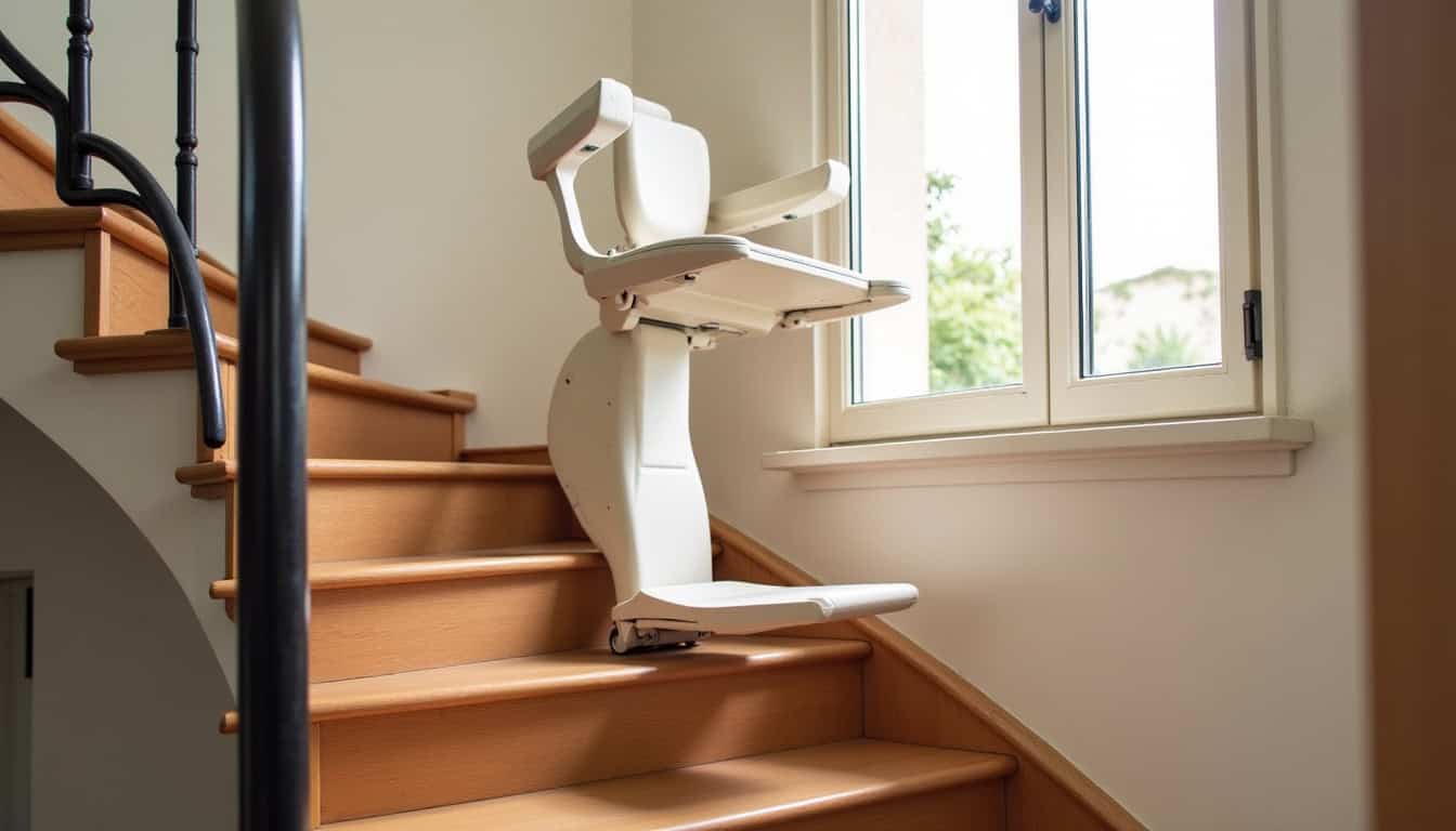 Monte-escalier tournant installé sur un escalier en colimaçon à Champigny-sur-Marne