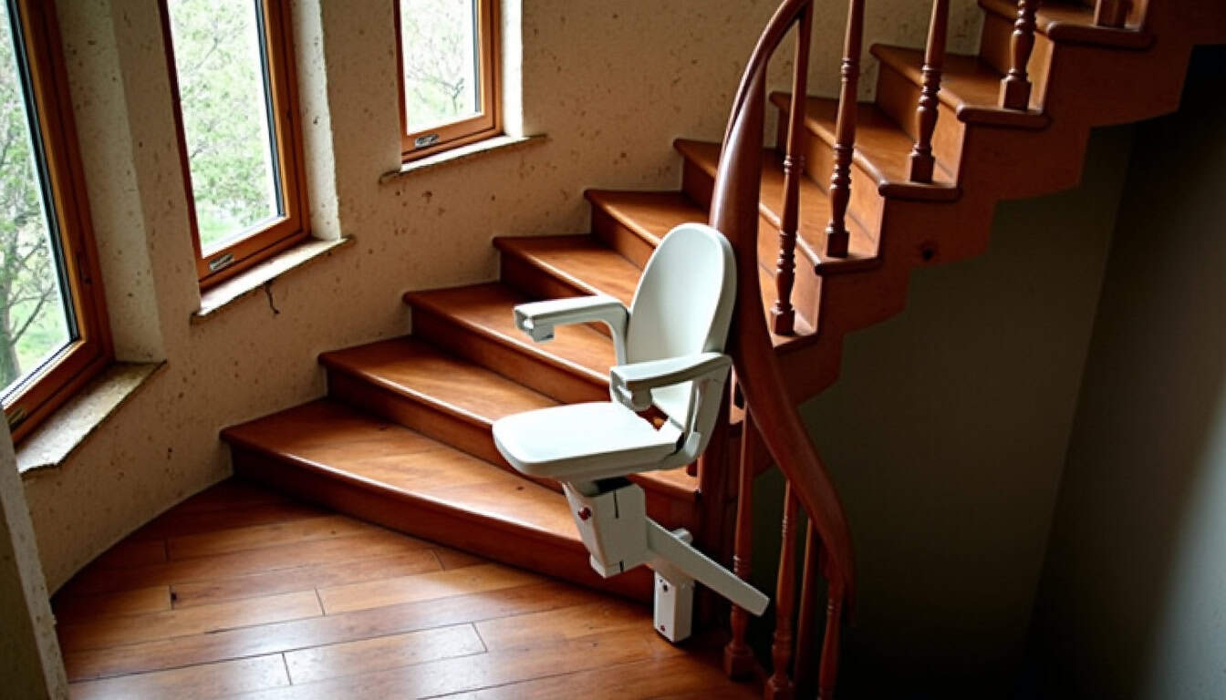 Monte-escalier tournant installé sur un escalier en colimaçon à Châteaubourg