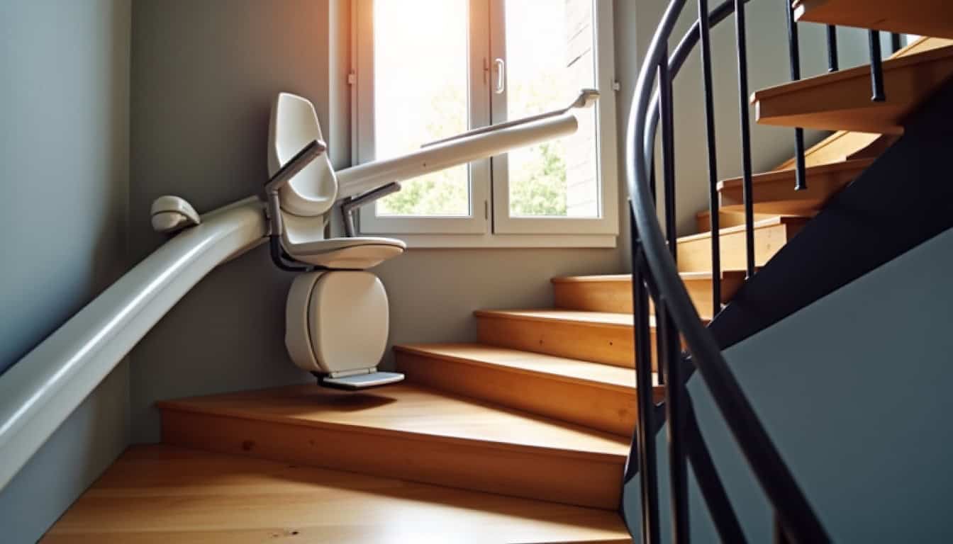 Monte-escalier tournant installé sur un escalier en colimaçon à Loisy-sur-Marne
