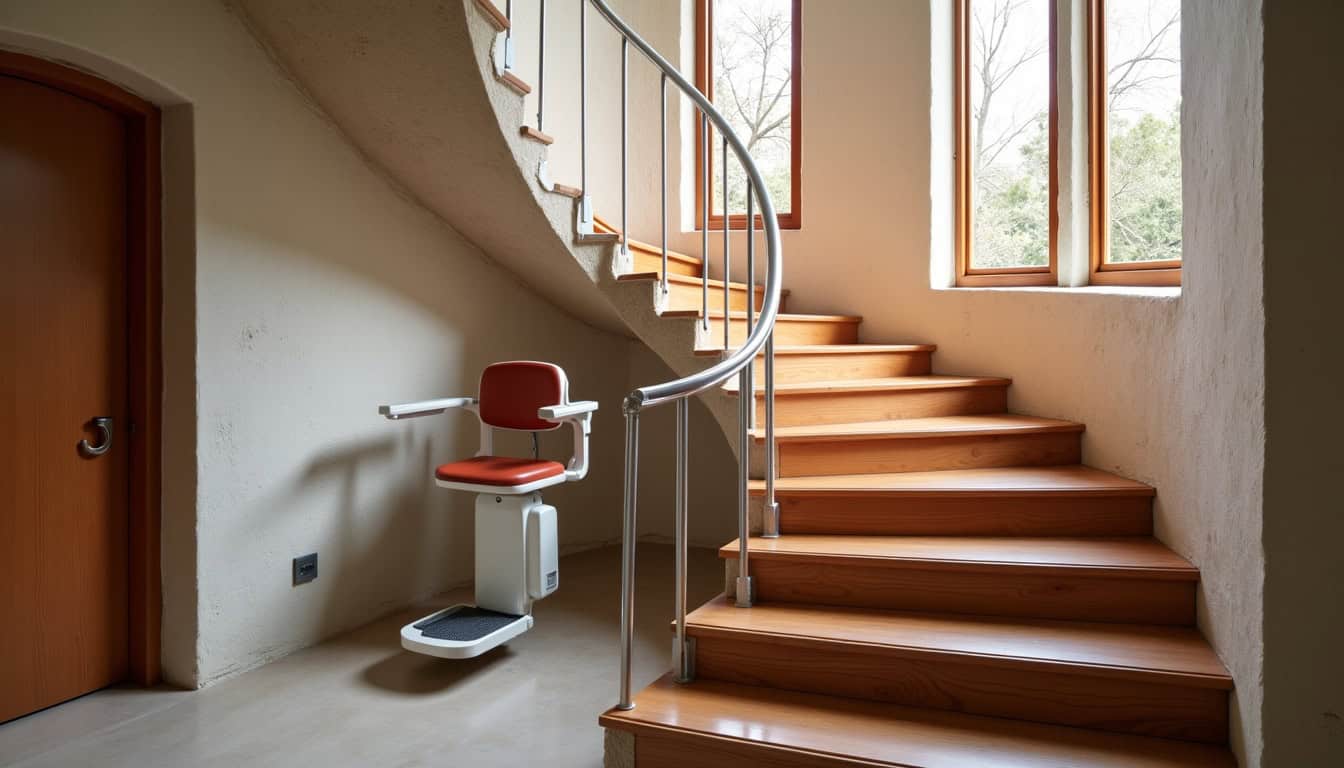 Monte-escalier tournant installé sur un escalier en colimaçon à Saint-Julien