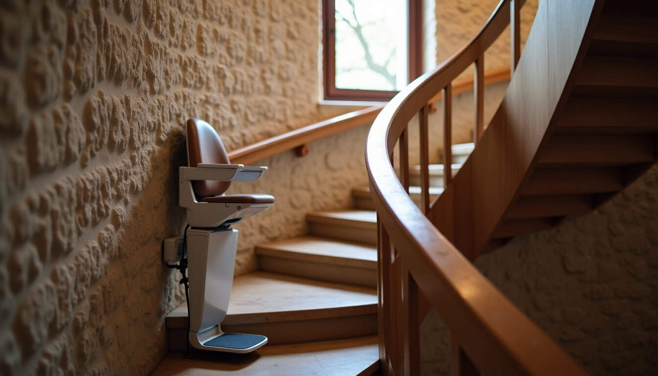 Monte-escalier tournant installé sur un escalier en colimaçon à Saint-Laurent-des-Hommes