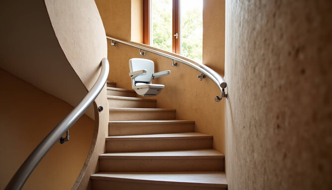 Monte-escalier tournant installé sur un escalier en colimaçon à Seillons-Source-d