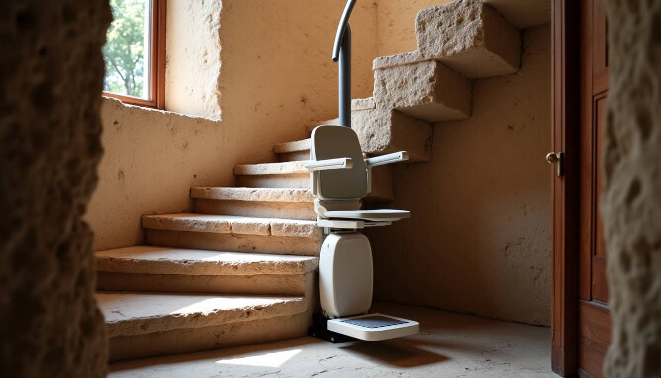 Monte-escalier tournant installé sur un escalier en colimaçon dans une maison ancienne à Pouxeux