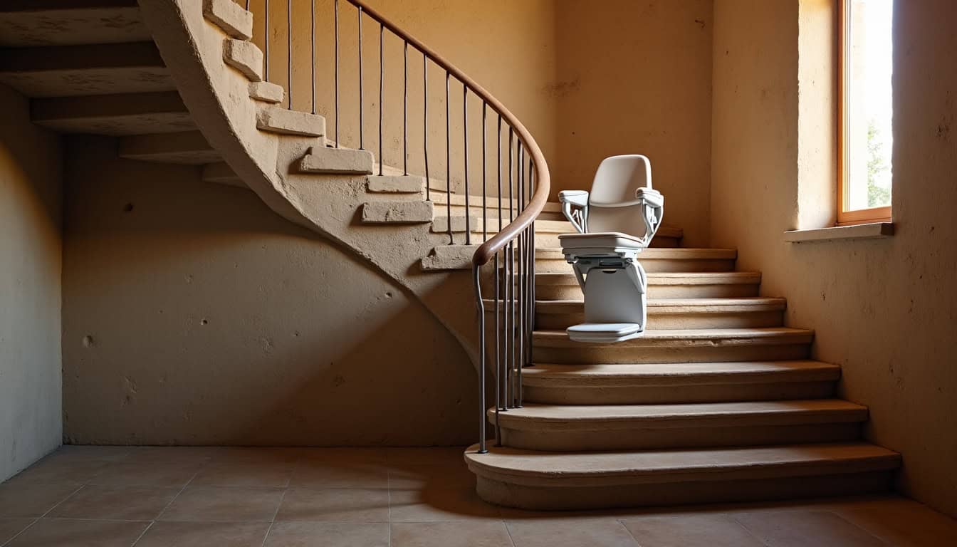 Monte-escalier tournant installé sur un escalier en colimaçon dans une maison ancienne