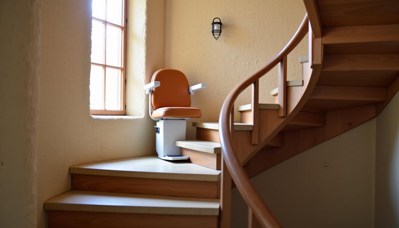 Monte-escalier tournant installé sur un escalier en colimaçon dans une maison de Villiers-sur-Loir