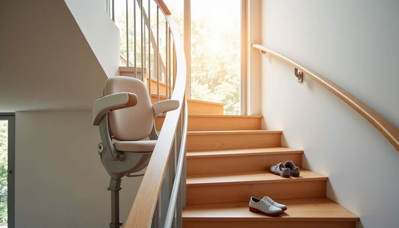 Monte-escalier tournant installé sur un escalier en courbe dans une maison à Canohès