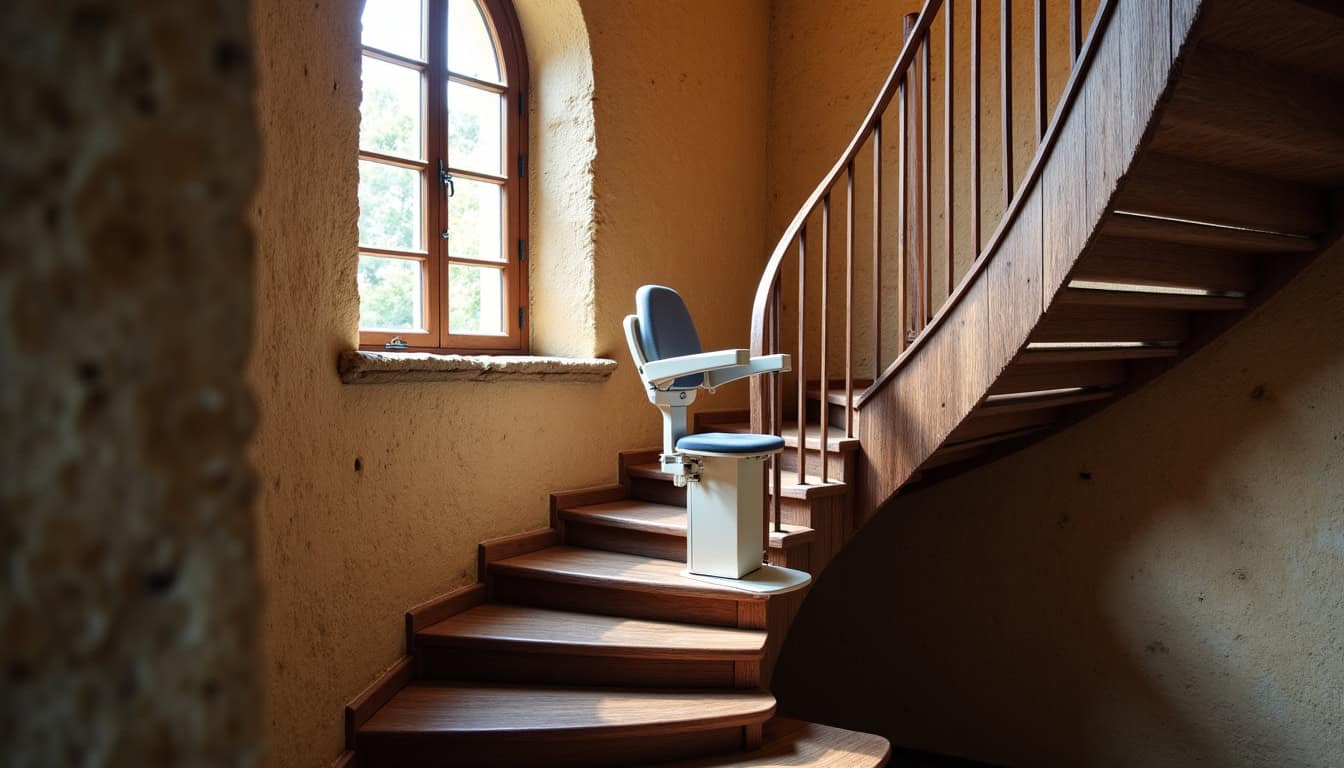 Monte-escalier tournant sur mesure installé sur un escalier en colimaçon dans une maison ancienne de Le Castellet