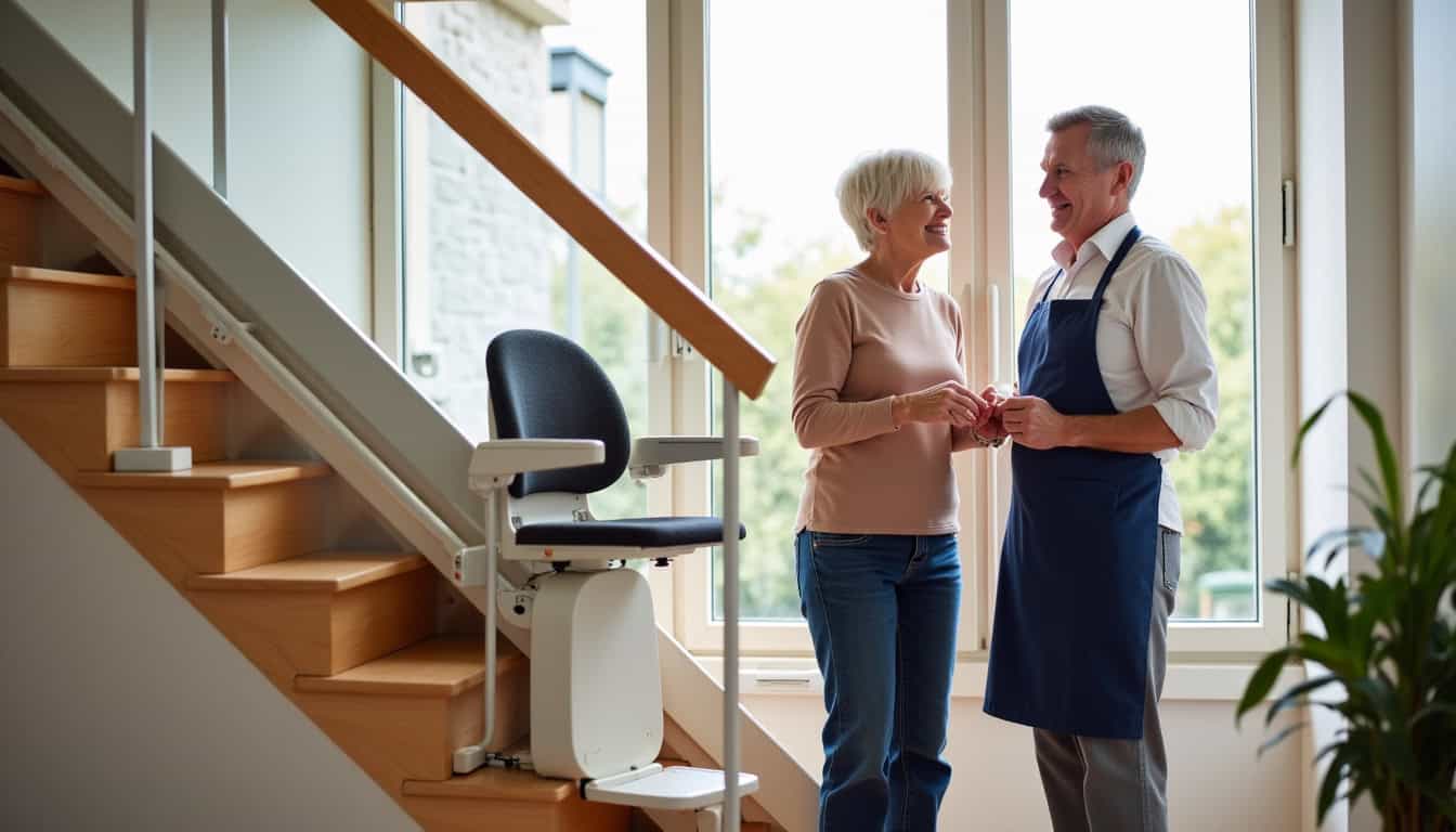 Point conseil Stannah à Colmar présentant un modèle de monte-escalier