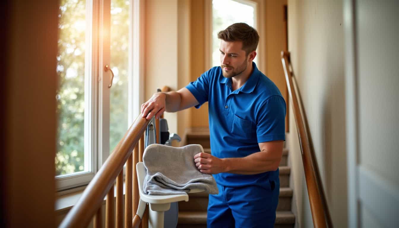 Technicien en train d'effectuer la maintenance d'un monte-escalier à Val en Vignes