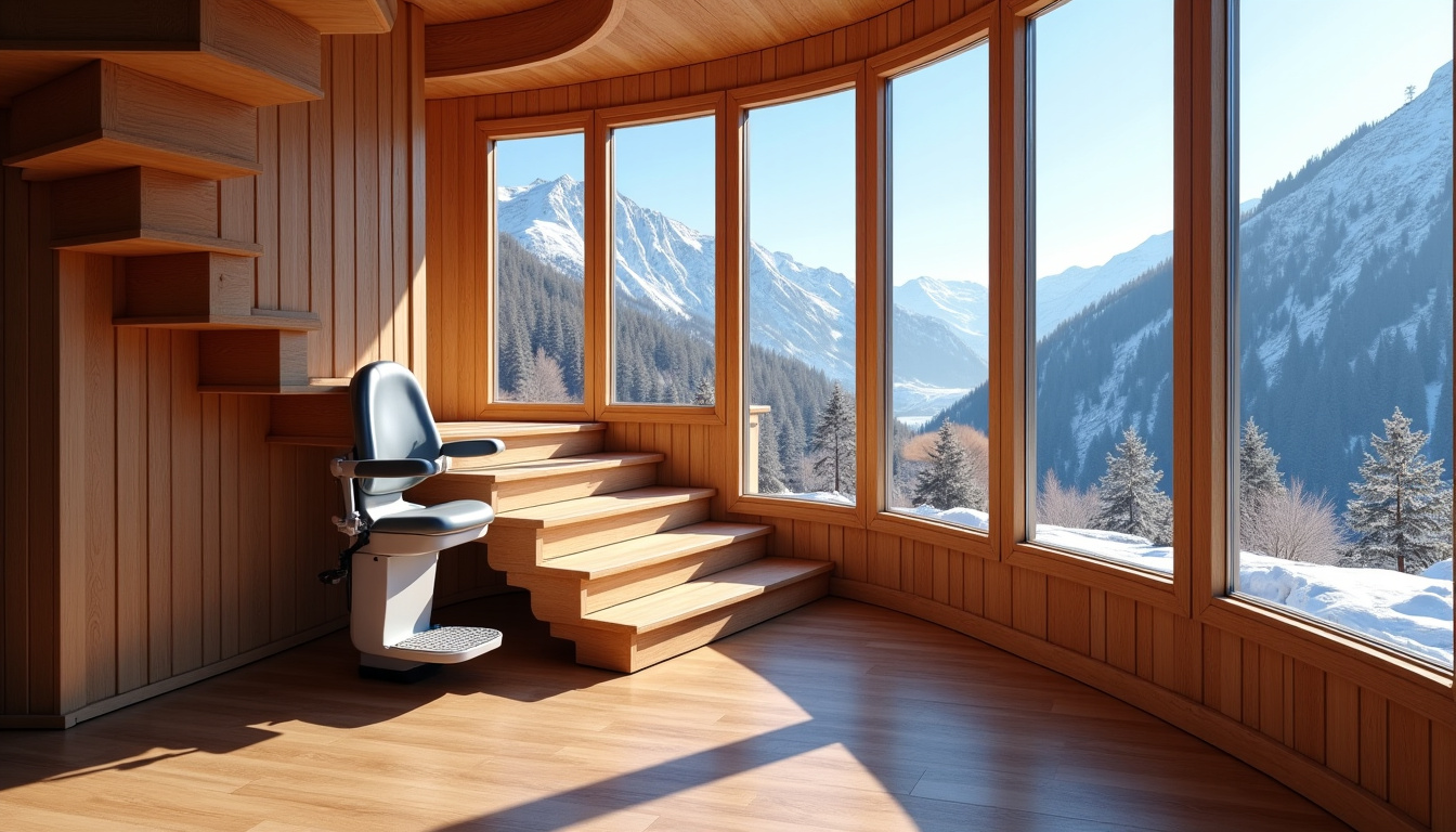 Monte-escalier tournant installé dans une maison à Valloire avec vue sur les montagnes