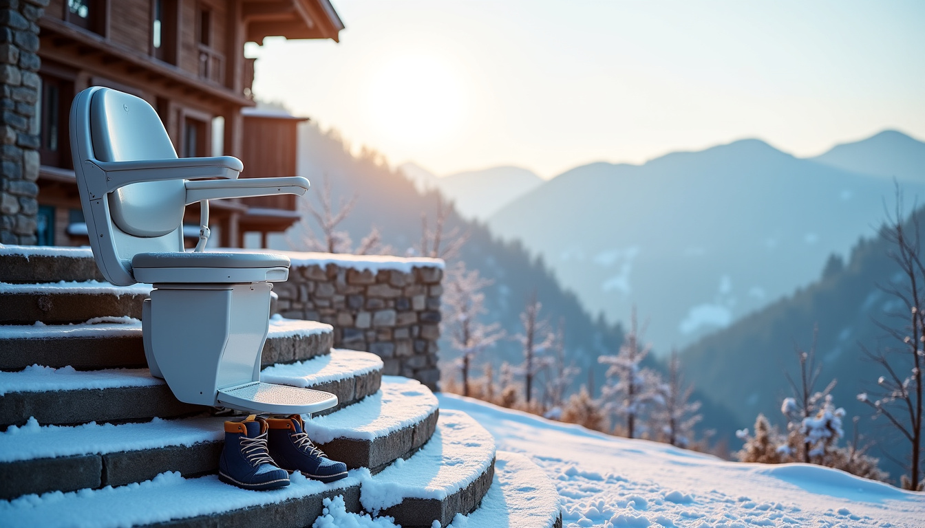 Monte-escalier extérieur installé sur un perron enneigé à Valloire