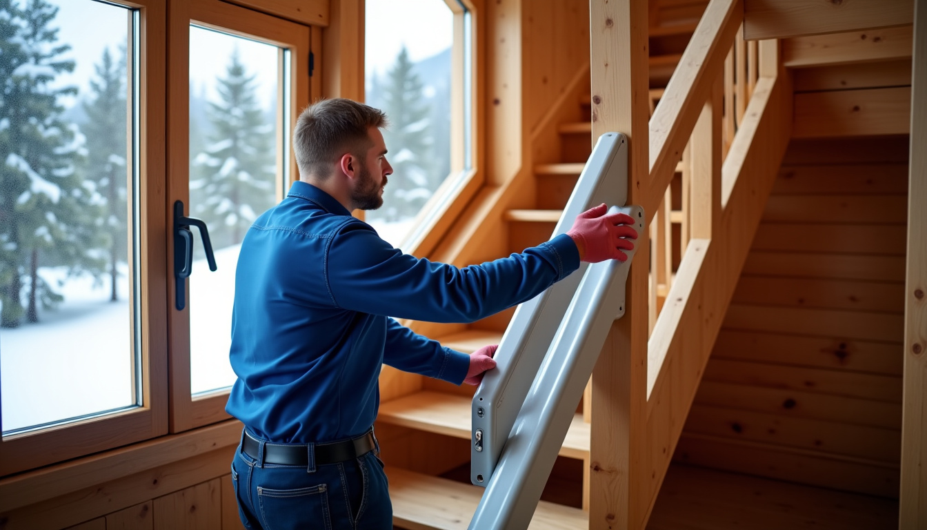 Technicien en train d'installer un monte-escalier dans une maison à Valloire