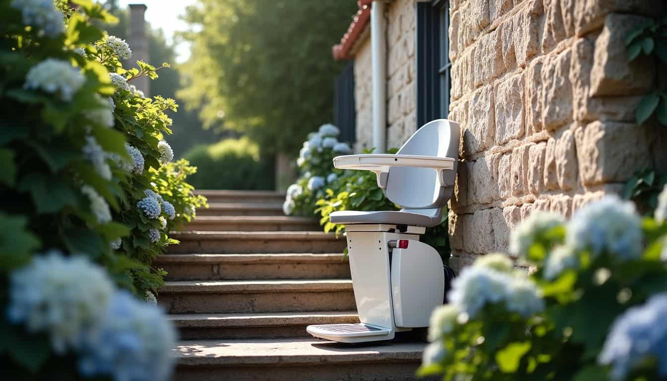 Monte-escalier extérieur installé sur un escalier extérieur à Villaines-sous-Malicorne