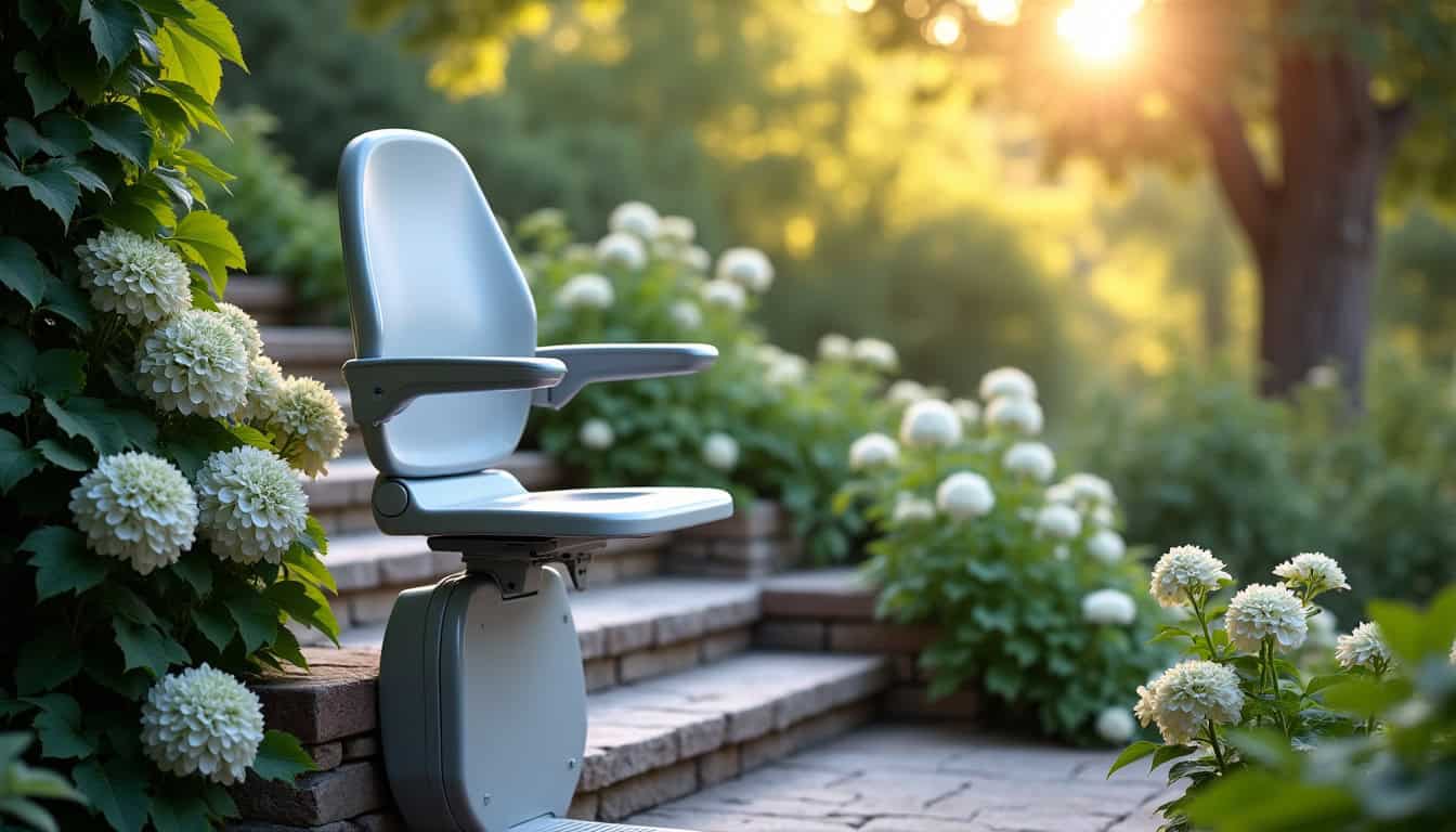 Monte-escalier extérieur installé dans un jardin à Villefranche-sur-Saône