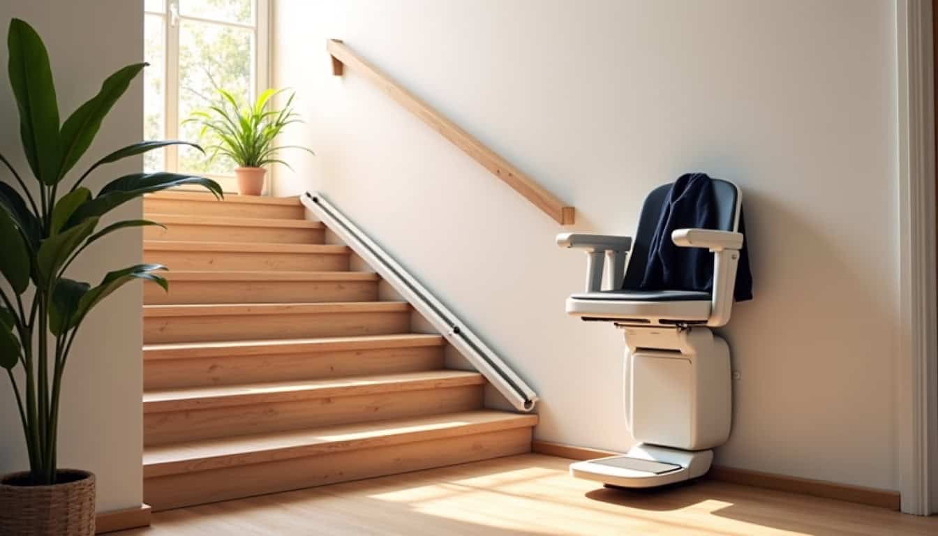 Monte-escalier terminé en situation dans une maison à Wissous