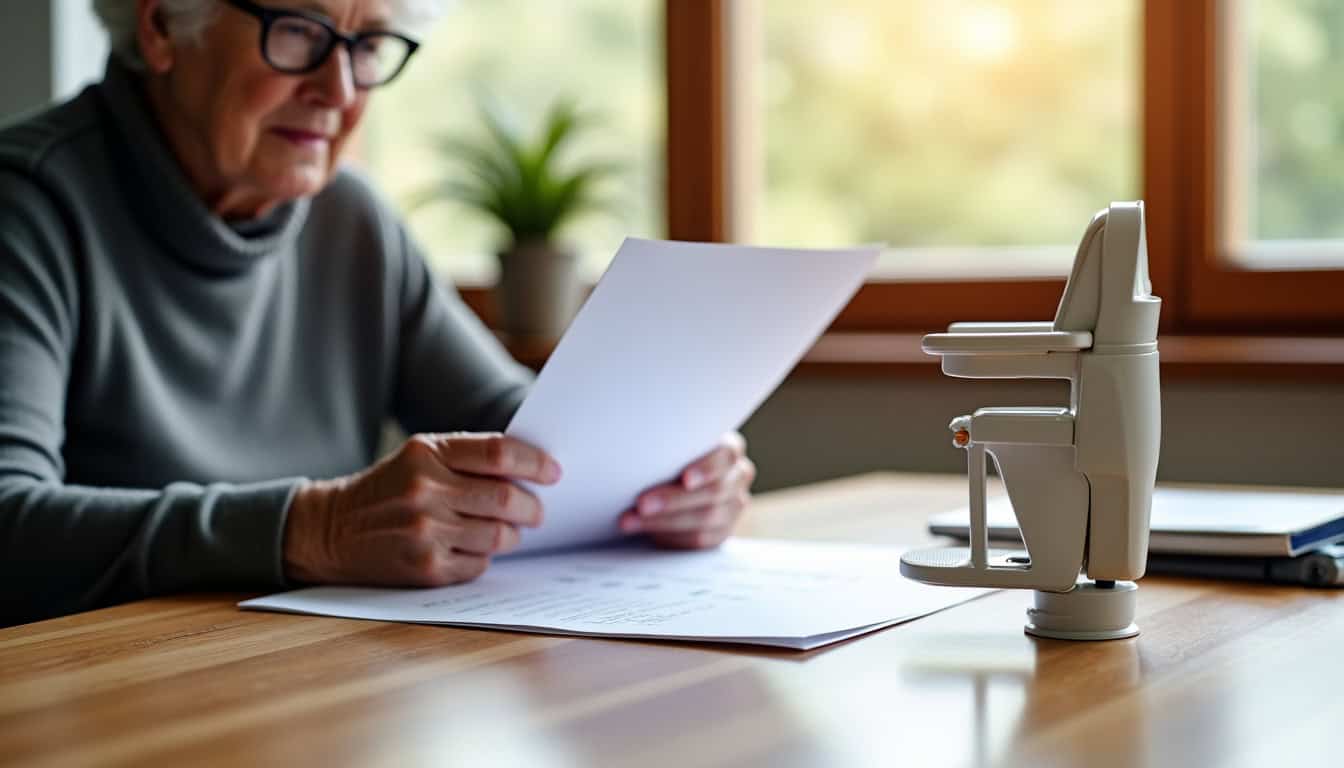 Personne âgée examinant des documents relatifs aux aides pour monte-escalier à Tenteling