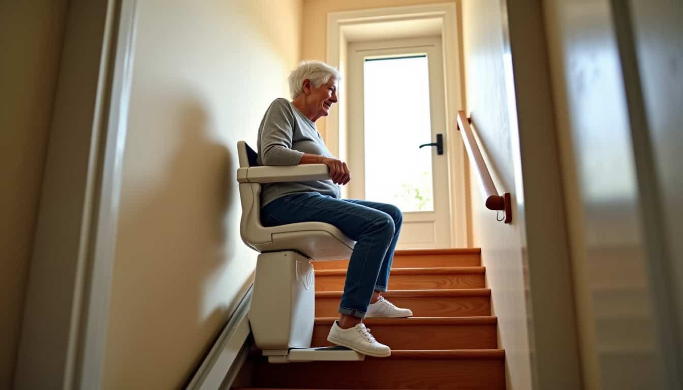 Personne âgée testant un monte-escalier en situation réelle dans une maison