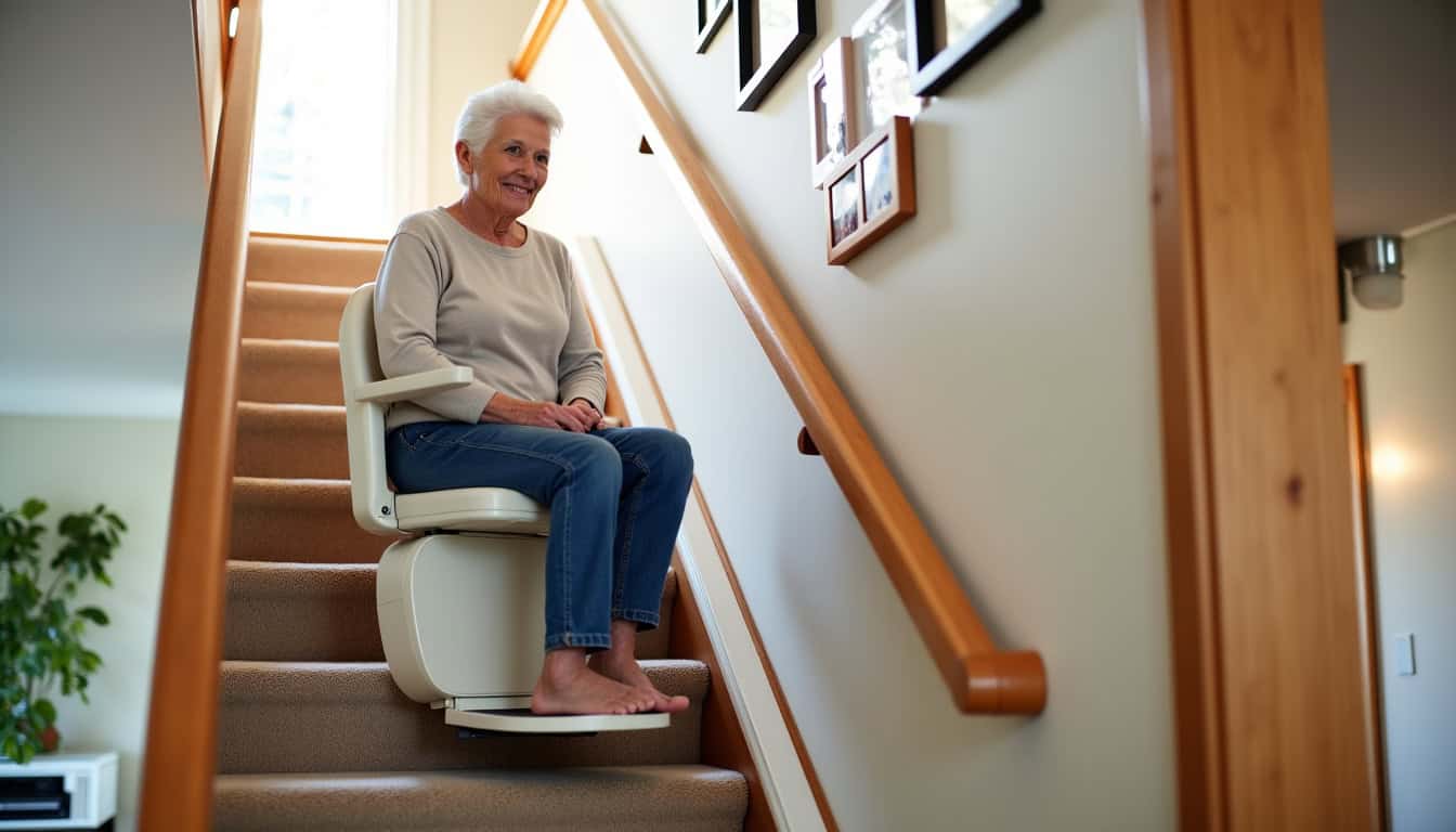 Personne âgée utilisant quotidiennement un monte-escalier dans une maison à Cussey-sur-l