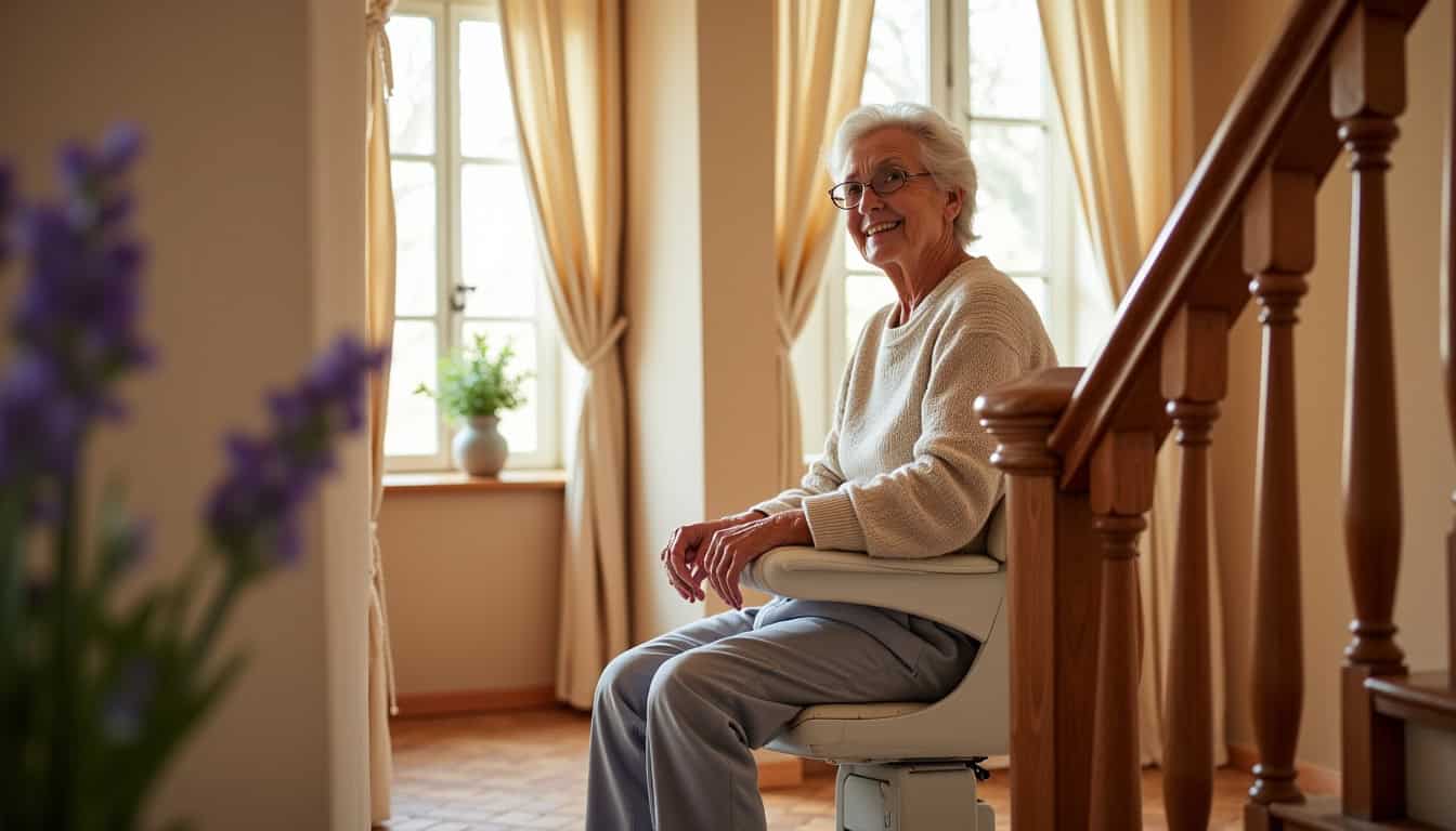 Personne âgée utilisant sereinement son monte-escalier dans sa maison à Vernègues