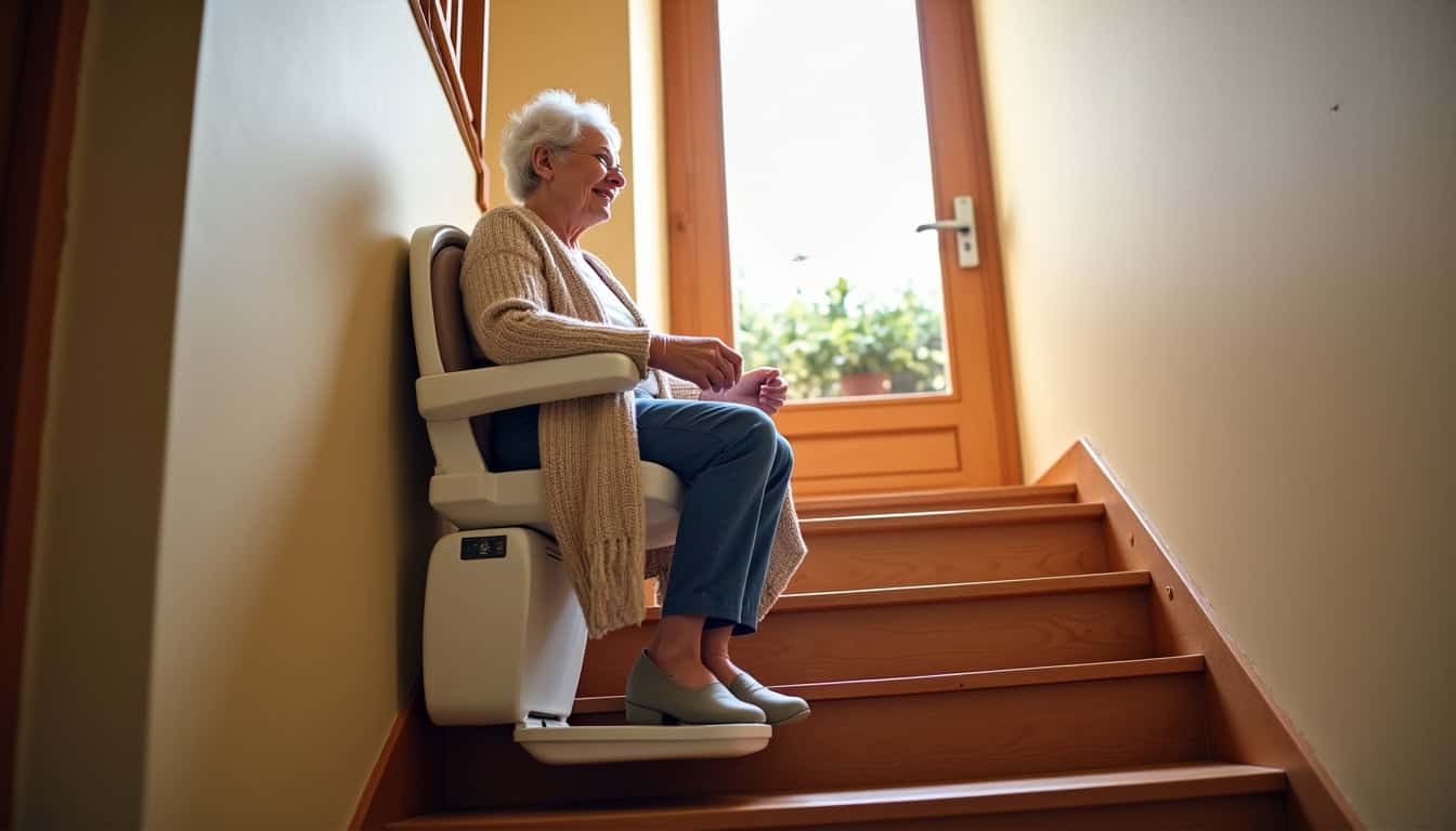 Personne âgée utilisant son monte-escalier au quotidien dans sa maison de Pouxeux