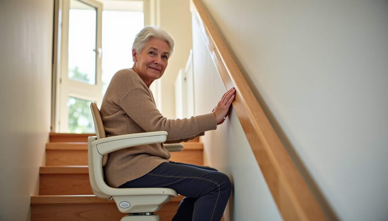 Personne âgée utilisant son monte-escalier en toute sécurité dans sa maison à Bignoux