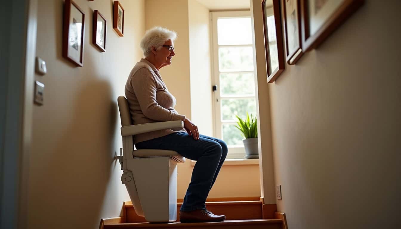 Personne âgée utilisant un monte escalier à tricot dans une maison familiale