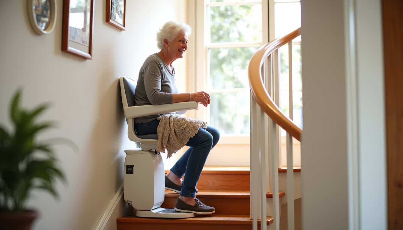 Personne âgée utilisant un monte-escalier dans sa maison à La Tour