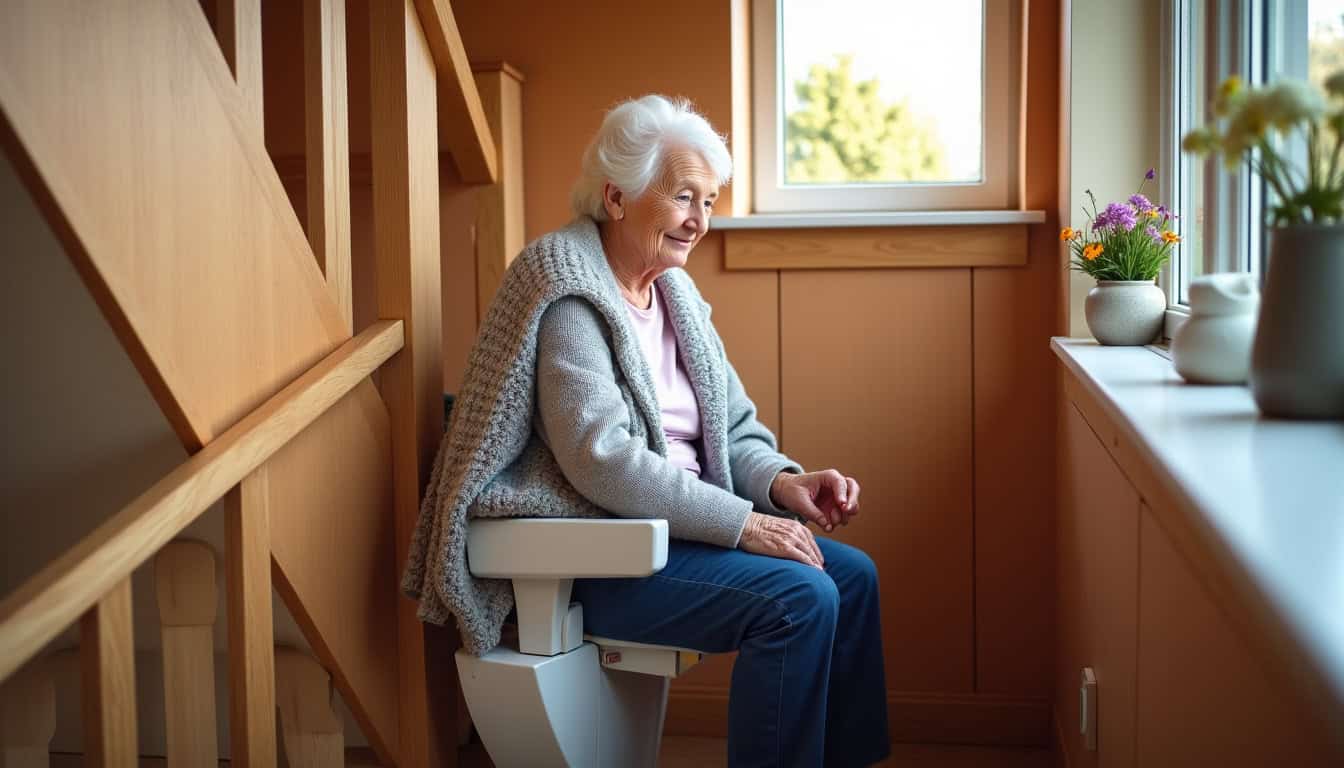 Personne âgée utilisant un monte-escalier dans sa maison à Plouezoc’h