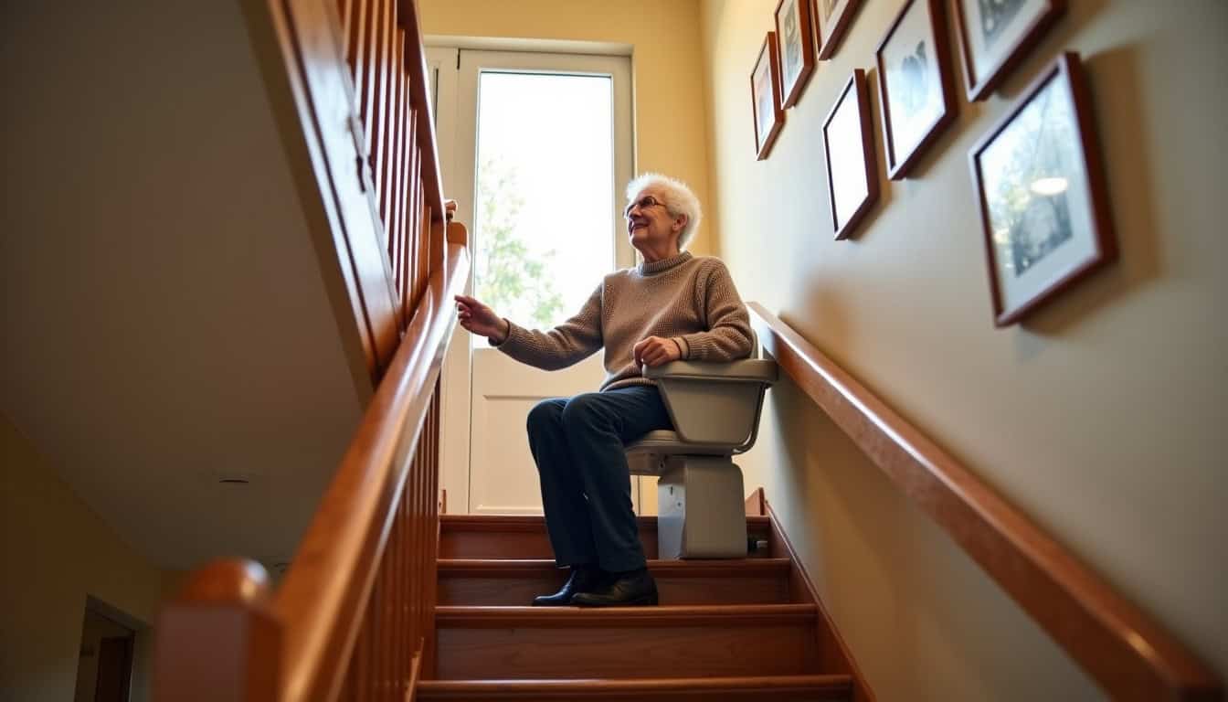 Personne âgée utilisant un monte-escalier dans sa maison à Ruelisheim