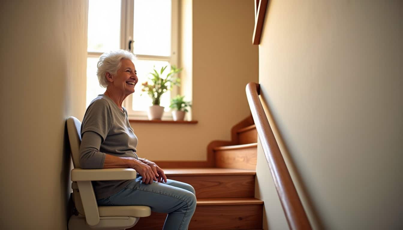 Personne âgée utilisant un monte-escalier dans sa maison à Théza