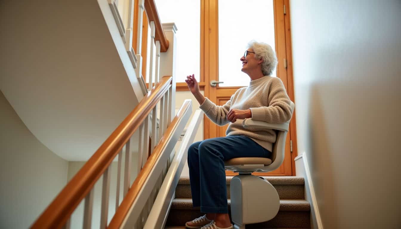 Personne âgée utilisant un monte-escalier dans une maison à Arveyres