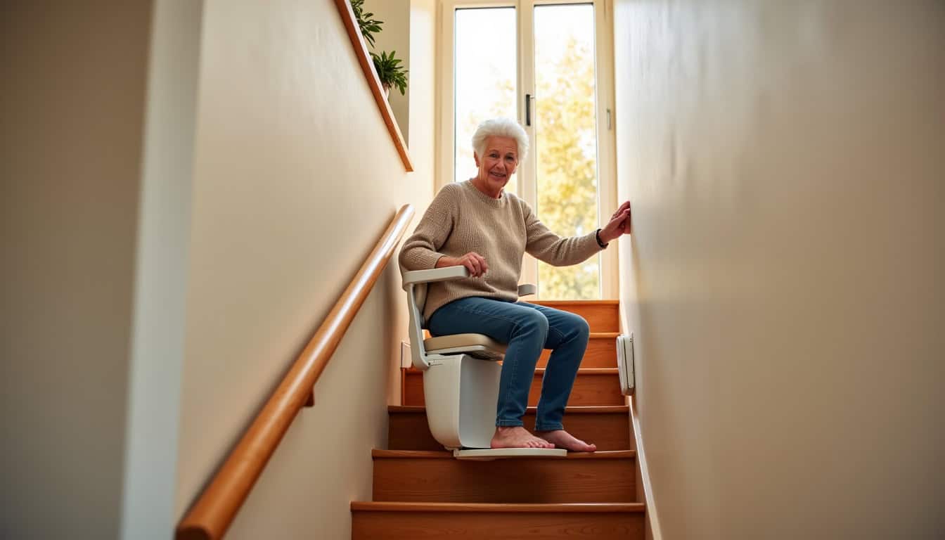 Personne âgée utilisant un monte-escalier dans une maison à Farschviller