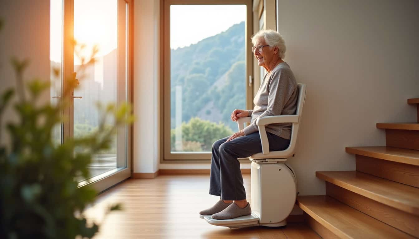 Personne âgée utilisant un monte-escalier dans une maison à Jurançon