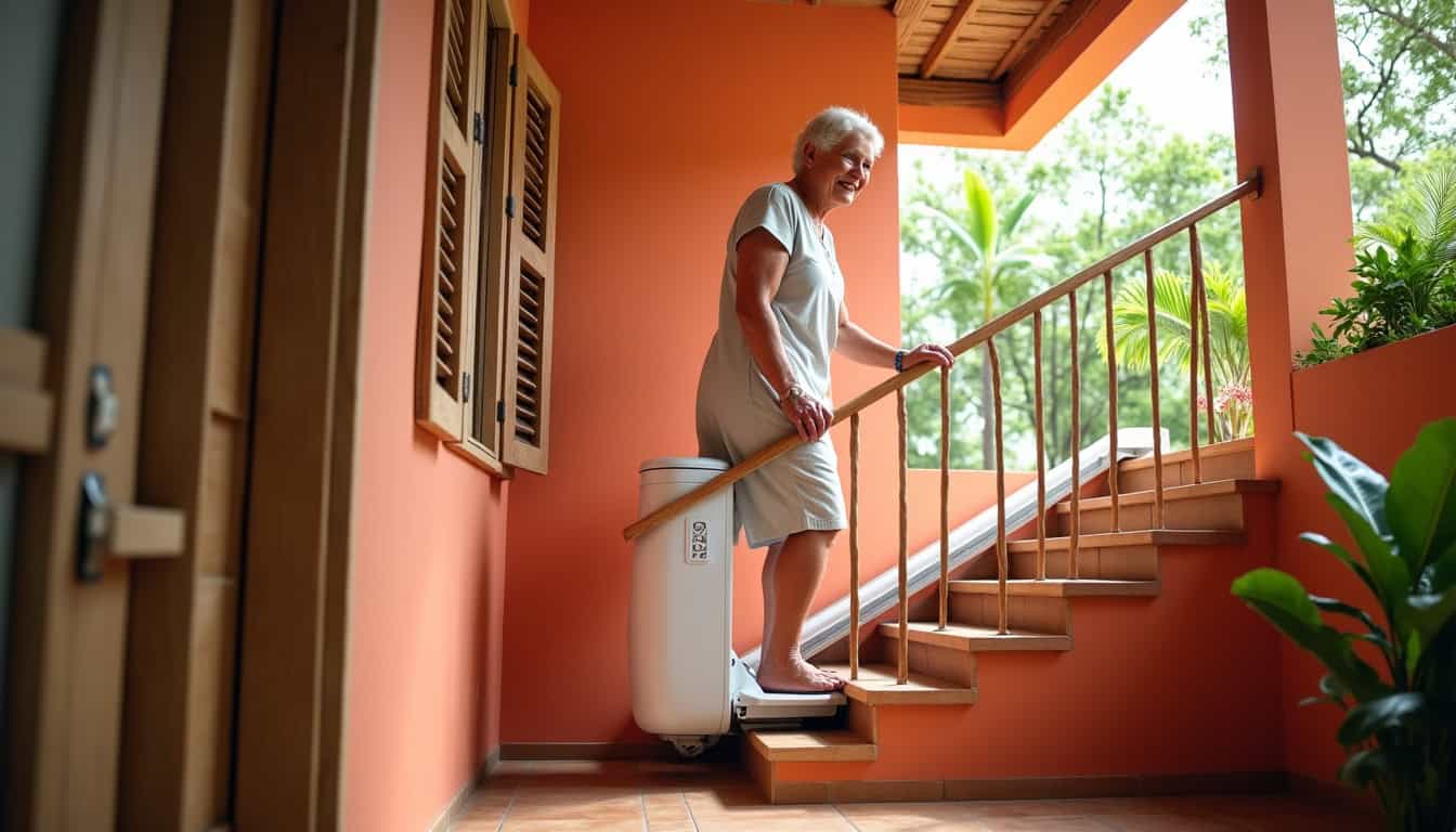 Personne âgée utilisant un monte-escalier dans une maison à Mayotte