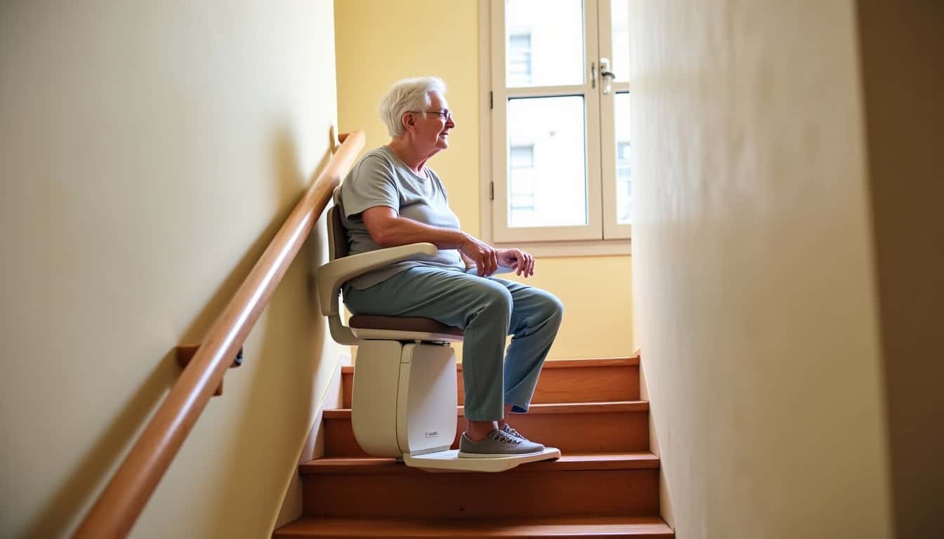 Personne âgée utilisant un monte-escalier dans une maison à Origny-Sainte-Benoite