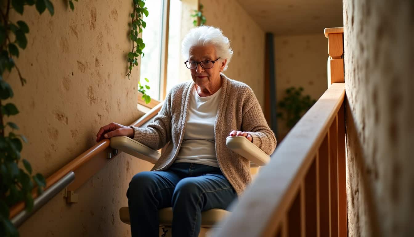 Personne âgée utilisant un monte-escalier dans une maison à Vogüé