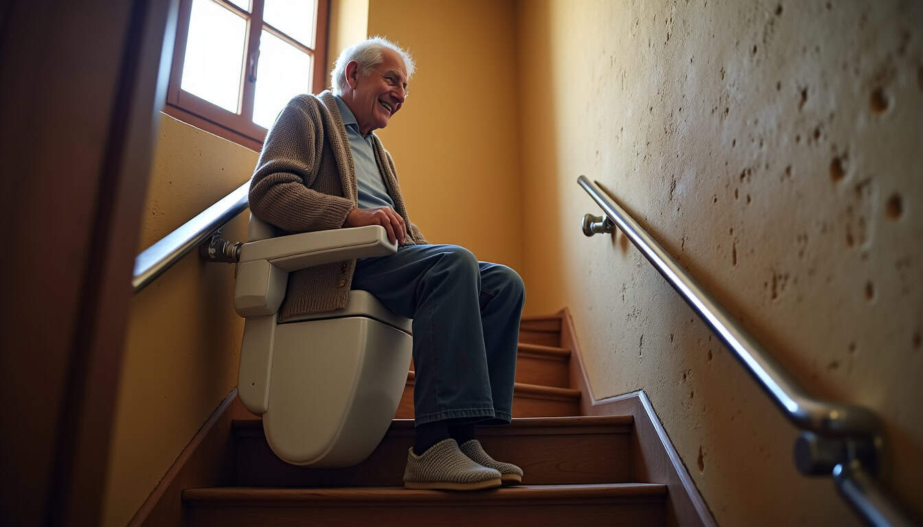 Personne âgée utilisant un monte-escalier dans une maison ancienne à Courmelles
