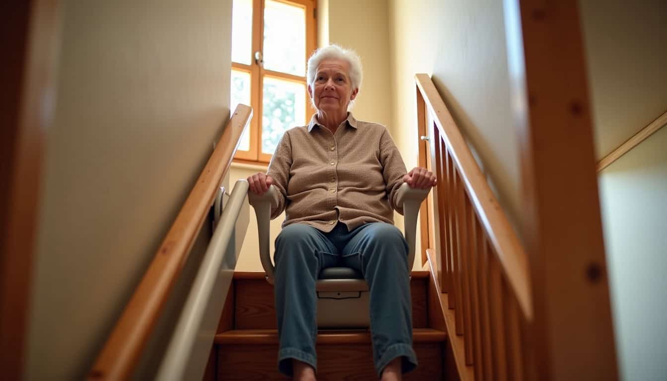 Personne âgée utilisant un monte-escalier dans une maison de Coise-Saint-Jean-Pied-Gauthier